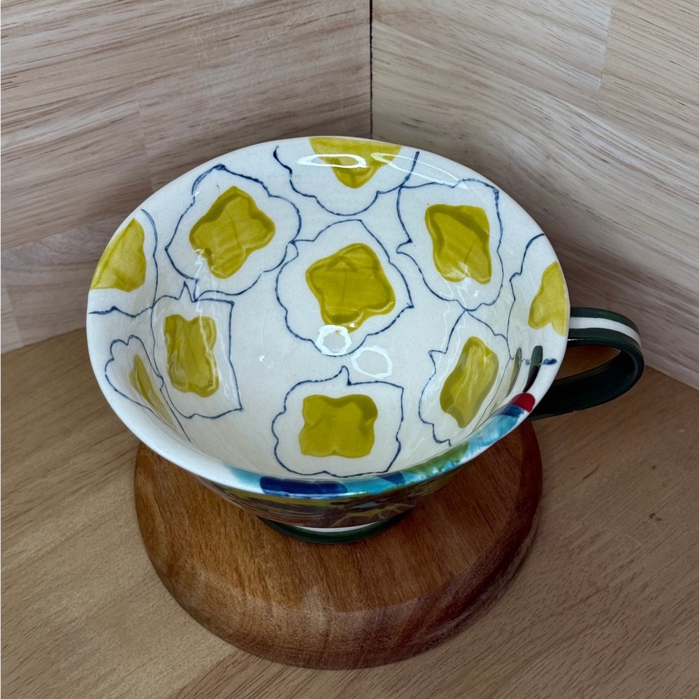Handmade Ceramic Teacup Floral Butterfly‎ Design Green Handle Estudios Flores - Picture 3 of 4